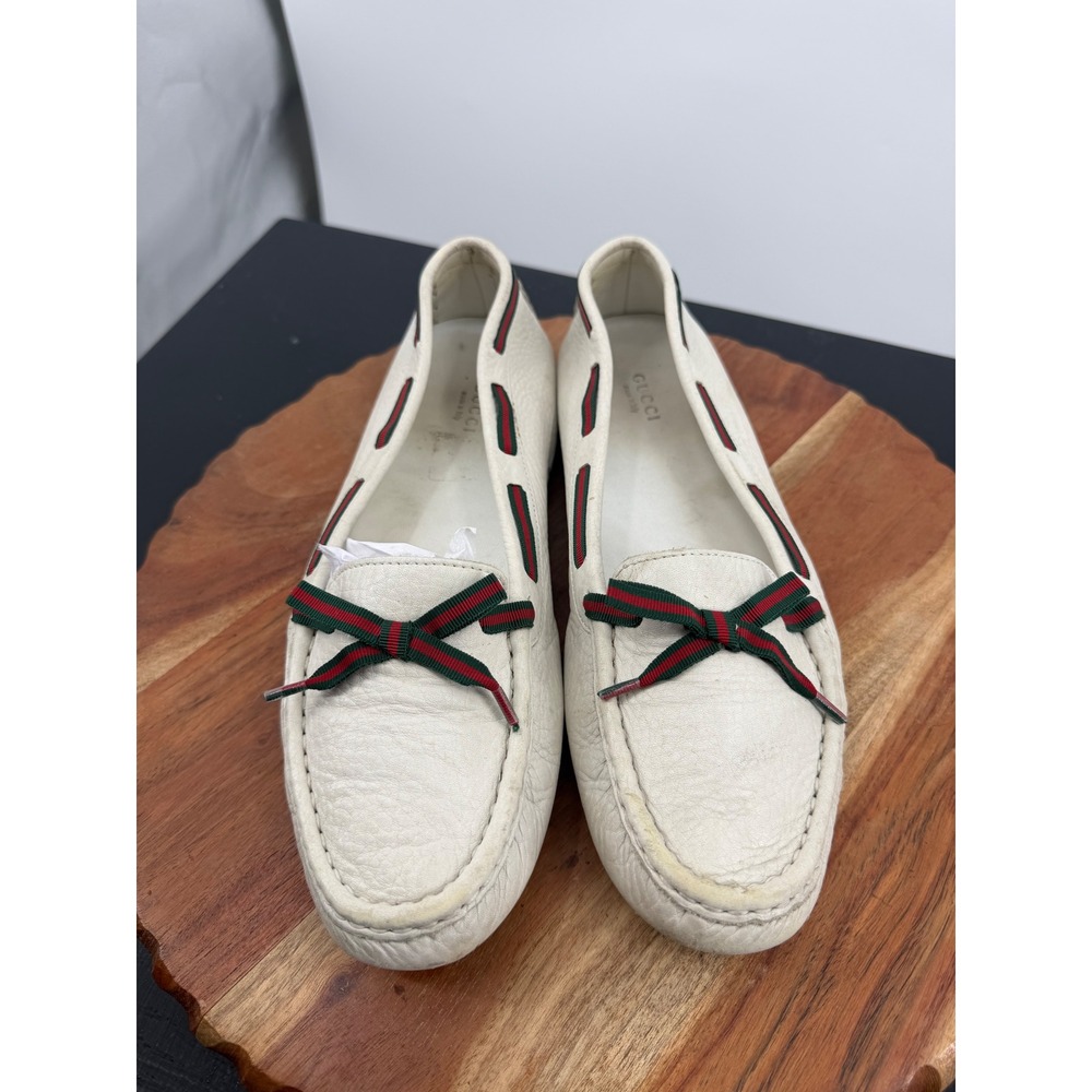 Gucci Driving Loafers men’s 9.5 White Leather Web Stripe Bow Slip On Shoes - Picture 2 of 11